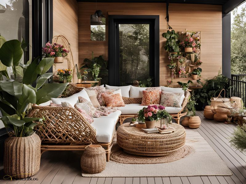 Rattan Möbel nachhaltig - helle Terrasse mit Rattanecksofa