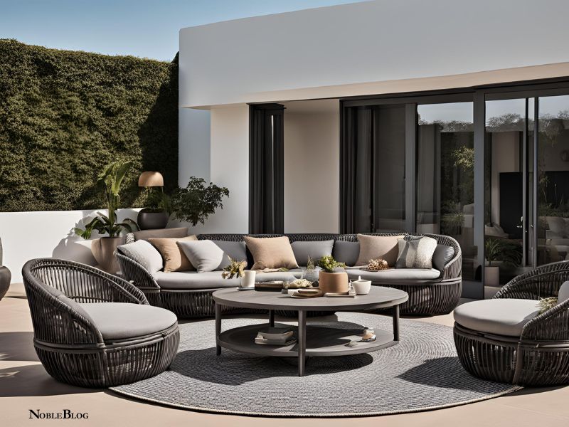 Rattan Möbel nachhaltig - moderne Terrasse mit schwarzem Rattanmoebel