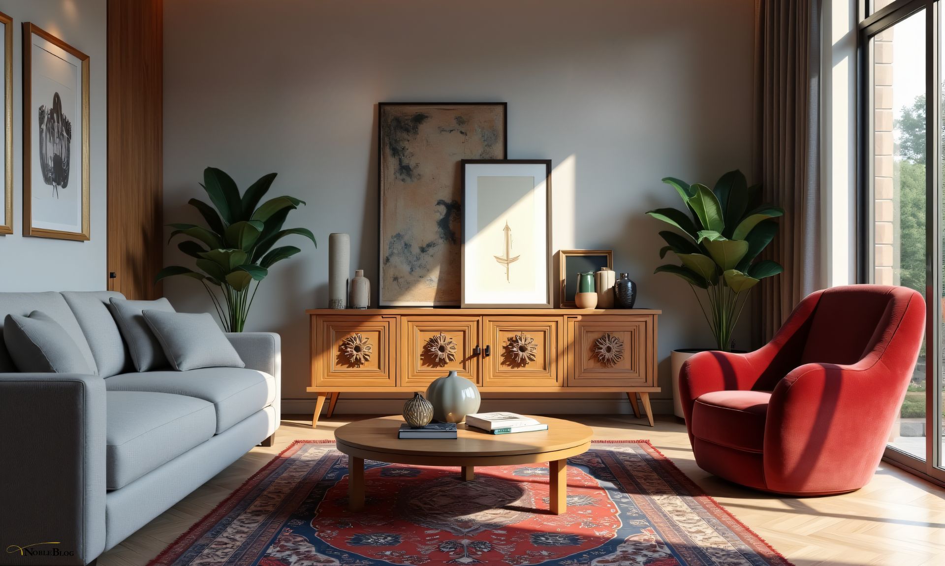 Moderne Polstermöbel mit antikem Sideboard