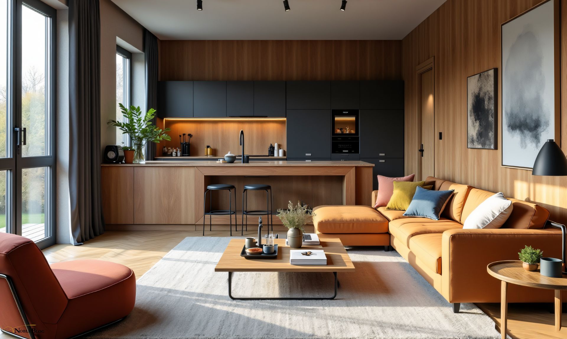 Einzimmerwohnung einrichten - moderne Wohnung mit dunklem Holz